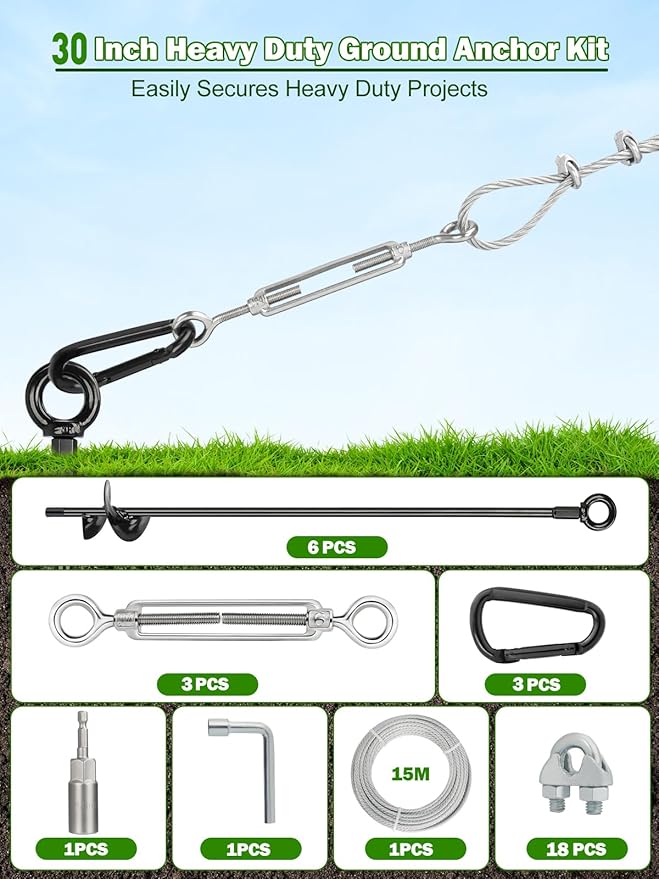 hannger 6 Pcs 30" Long Ground Anchors Shed Anchors Kit with 3/16" Galvanized Cable & Turnbuckles & Carabiners, Heavy Duty Earth Anchors for Sheds Trees Trampoline Greenhouse Swing Set Tent.
