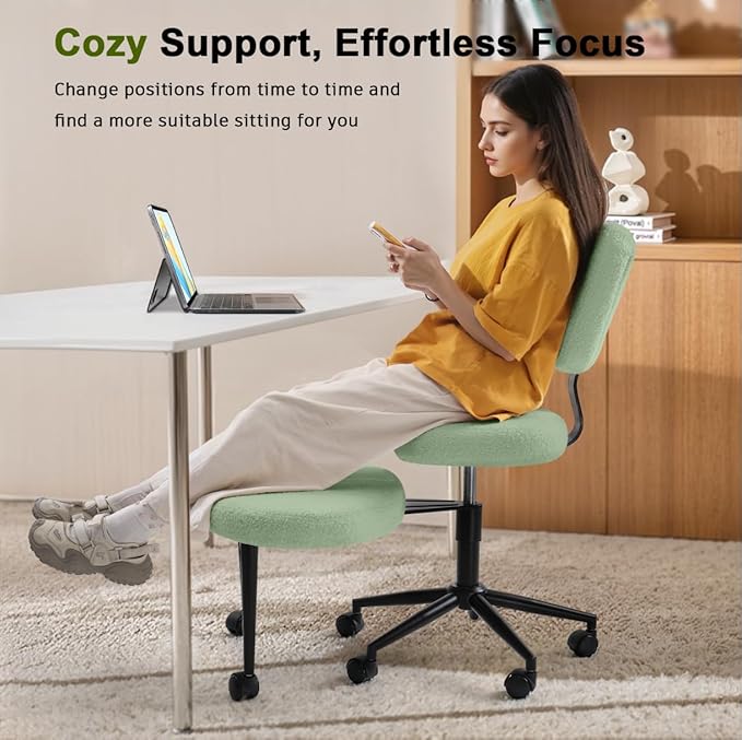 Waleaf Ergonomic Cross Legged Office Chair, ADHD Chair for Adults, Height Adjustable Meditation Chair with Wheels, Teddy Fabric Yoga Kneeling Chairs with Comfortable Back Support (Green)