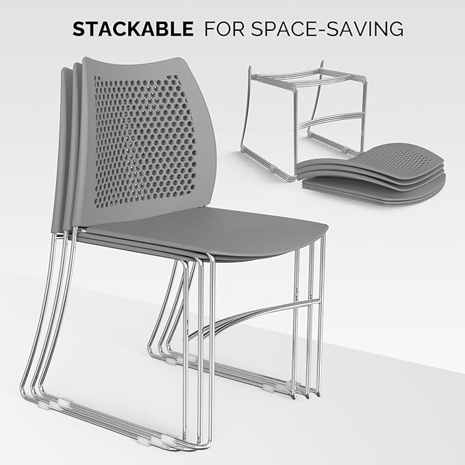 VINGLI Stacking Chairs Set of 20 Stackable Office Chairs with Metal Sled Base, Ergonomic Plastic Seat & Holes Back, Stacking Chairs for Waiting Room Break Room Banquet Guest, Grey