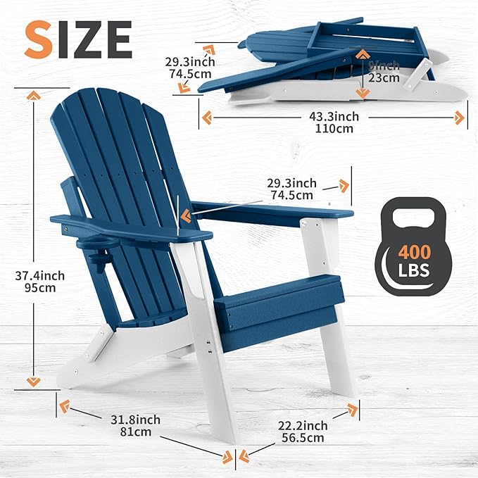 FUNBERRY Folding Adirondack Chair Set of 6, All Weather HDPE Fire Pit Chairs with Cup Holder for Outdoor