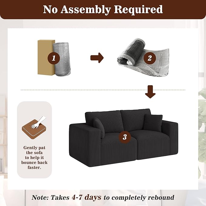 79" Modular Loveseat Cloud Couch, Memory Foam Boneless Double Sofa, Comfy Upholstered Corduroy Frameless Furniture, No Assembly Required Small Couch for Apartment, Living Room, Office, Black