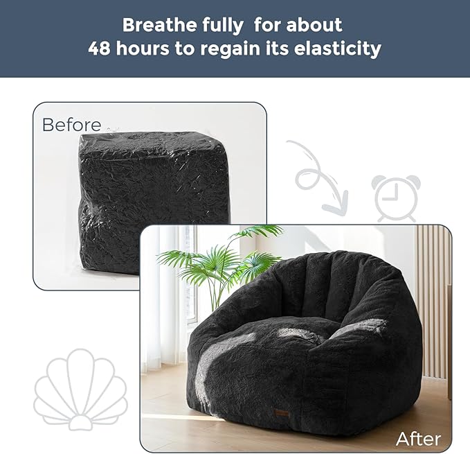 MAXYOYO Giant Bean Bag Chair, Oversized Bean Bag Couch for Adults and Kids, Faux Fur Shell-Shaped Large Chair with Filler, Stuffed Big Accent Sofa Lounge Floor Sofa for Gaming, Reading, Black