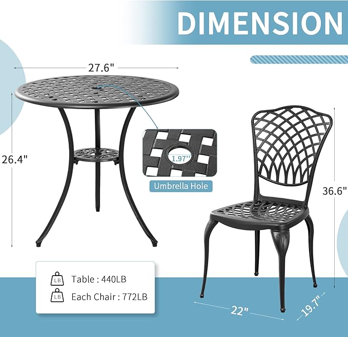 Withniture 3 Piece Bistro Table Set Anti-Rust Outdoor Bistro Set Cast Alumiunm Patio Table and Chairs Set for 2, Patio Bistro Set Furniture Black