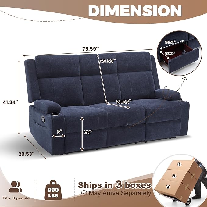 PALLOME Chenille Reclining Sofa 3-Seater with Convertible Table, Storage Ottoman & Cup Holders | Modern Space-Saving Couch, Ergonomic Living Room Furniture (Blue)
