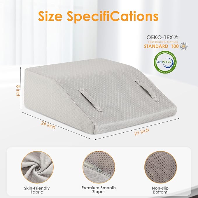 Ruqmuis Leg Elevation Pillow for After Surgery, 8inch Foam Leg Elevating Pillow for Swelling and Blood Circulation, Leg Wedge Pillow for Sleeping, Knee Pillow for Knee Hip Ankle Pain Relief, Grey