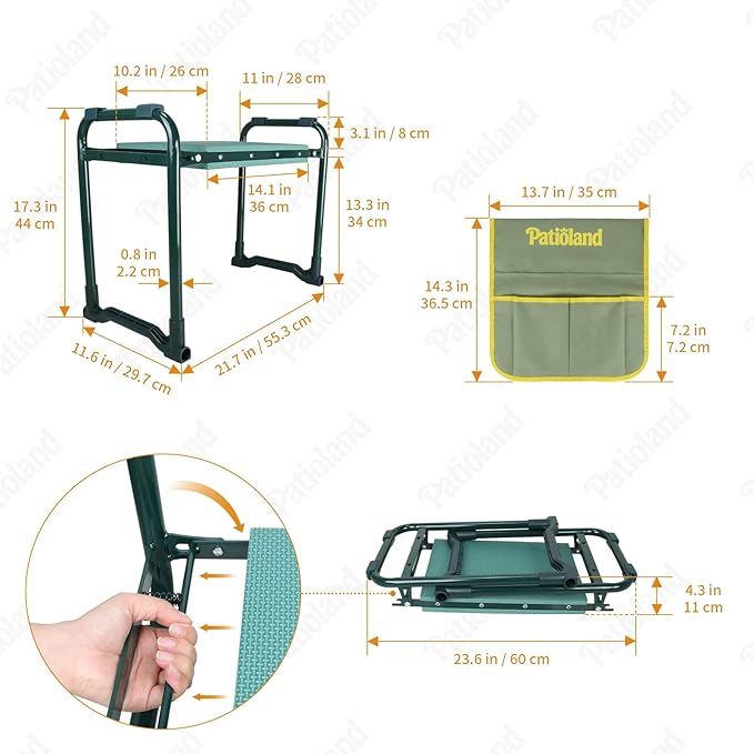 Patioland Garden Kneeler and Seat with 2 Tool Bags, 10.2" Widen Heavy Duty Thicken Soft Kneeling Pad, 2-in-1 Folding Garden Stool, Outdoor Yard Work Seat, Ideal Gardening Gifts for Mom, Women, Grandma