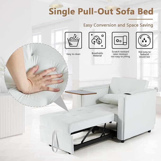 Velvet Convertible Chair Bed, 3 in 1 Multi-Functional Lounge Chair Sleeper, Pull Out Couch Guest Bed with Hidden Table and Adjustable Backrest for Living Room (White)