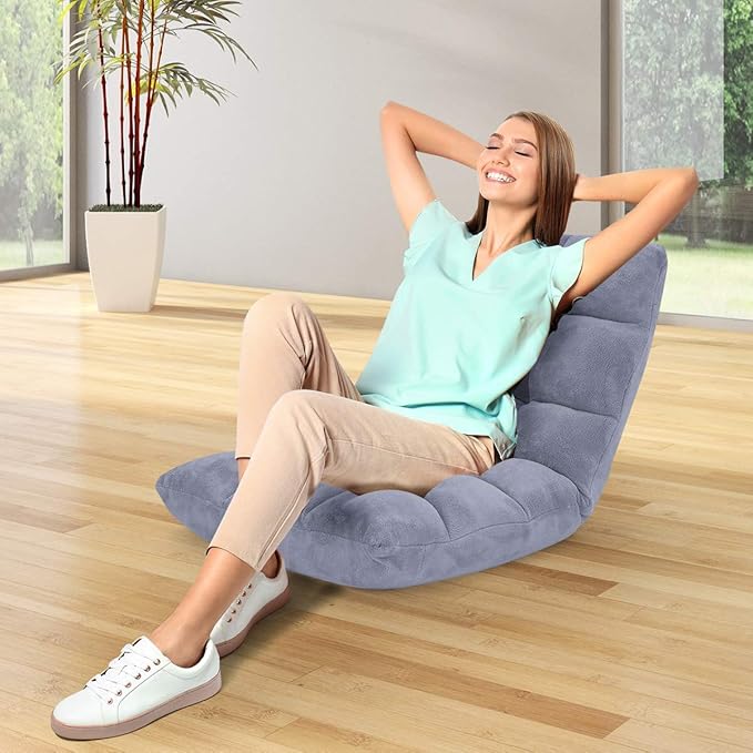 GOFLAME 14-Position Folding Floor Chair, Padded Gaming Lazy Sofa Chair with Adjustable Backrest, Couch Recliner, Sleeper Bed Lounge Chair for Reading, Gaming, Meditating (Grey)