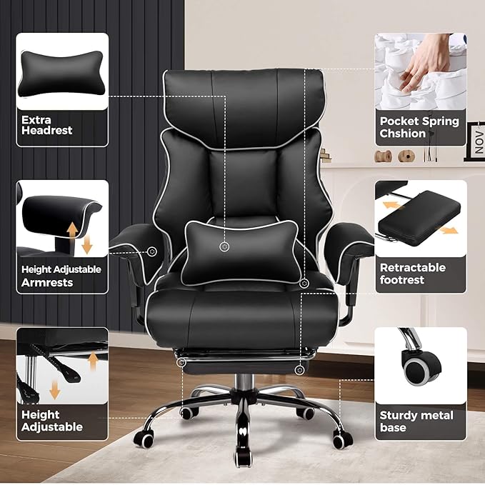 COMHOMA Big and Tall Office Chair 400lbs High Back Gaming Chair with Ergonomic Lumbar Support & Pocket Spring Cushion for Lower Back Pain Relief, Leather Executive Chair with Foot Rest, Iron Black