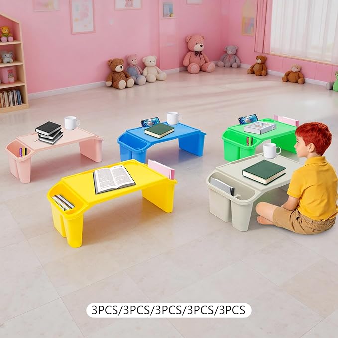 Kids Lap Desk Tray Set of 15, Portable Stackable Lap Trays with Cup Holder & Side Pockets, 19.69x9.84x7.1in Plastic Activity Tray for Home, Classroom, Daycare
