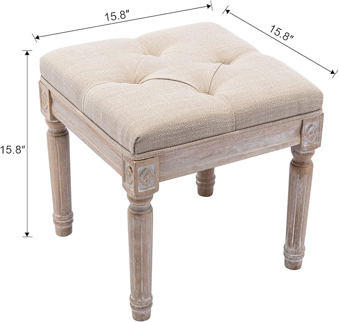 DM Furniture French Vintage Entry Bench Linen Fabric Foot Stool Small Ottoman Seat Vanity Chair with Wood Legs for Piano/Entryway Bedroom/Living Room/Hallway (Beige)