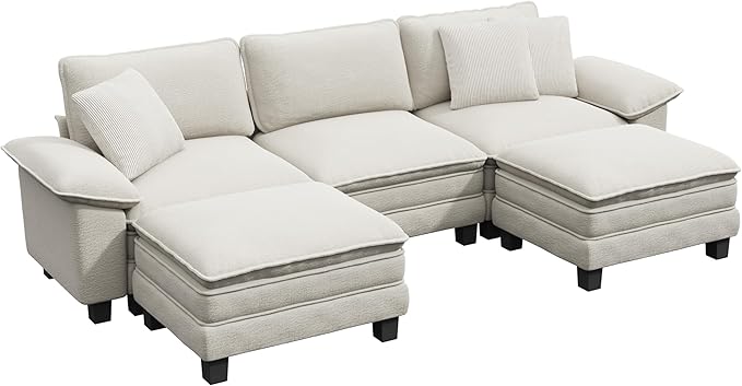 MIXPATIO 123-Inch U Shaped Sectional Sofa with Cloud Cushions, Deep Seat Modular Couch Set w/ 5 Seats & 2 Ottomans, Removable Arms, Plush Chenille Upholstery for Living Room, Apartment - Beige