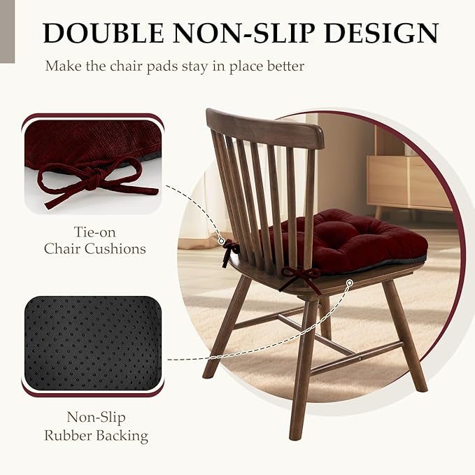 HARBOREST Chair Cushions for Dining Chairs Set of 6 - Chenille Tufted Kitchen Chair Cushions with Ties and Non-Slip Bottom, Foam Chair Pads for Dining Chairs, 17" x 17", Burgundy