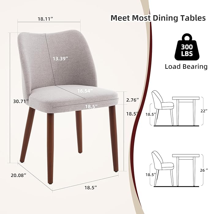 ElfinAura Dining Chair Set of 6, Linen Upholstered Dining Chair with Wood Legs, Wing Backrest, Wooden Kitchen Chair, Kitchen Chairs with Thick Cushions for Dining Room, Living Room, Light Grey
