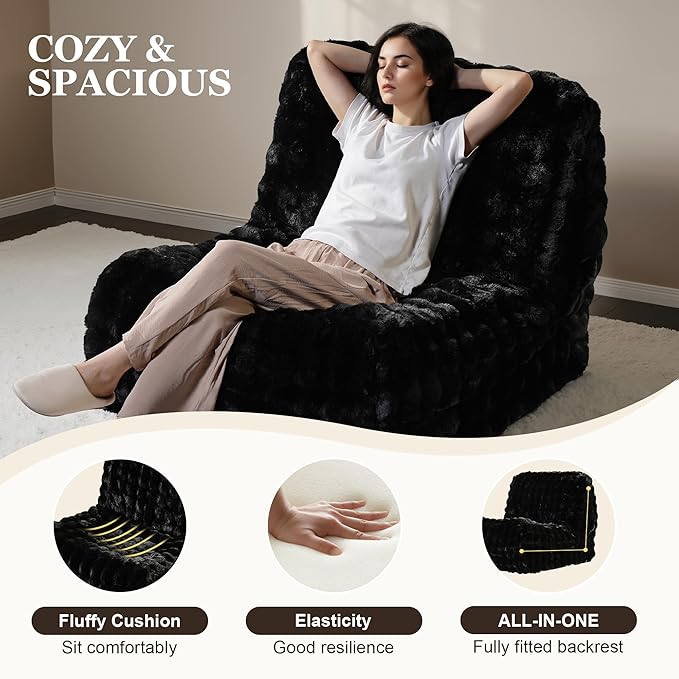Bean Bag Chair for Adults, Lovely Bean Bag Chair with Plush Faux Fur, Lazy Floor Sofa, Comfy Reading Nook Chairs, Couch Single Sofa for Living Room Bedroom Office (Black)