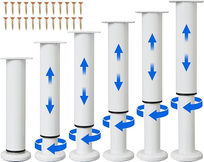 Olldag 6 PCS Adjustable Height Bed Support Legs for Bed Frame/Bed Center Slat, Heavy Duty Furniture Replacement Legs 7.08-12.2 inch for Sofa/Cabinet/Couch/Dresser/Table (White)