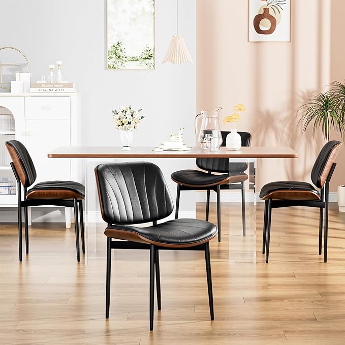 YaFiti Dining Chairs Set of 2, Dining Room and Kitchen Chairs, FSC Certified Mid Century Modern Accent Chair, Upholstered PU Leather Chairs for Vanity with Walnut Bentwood and Metal Legs, Black