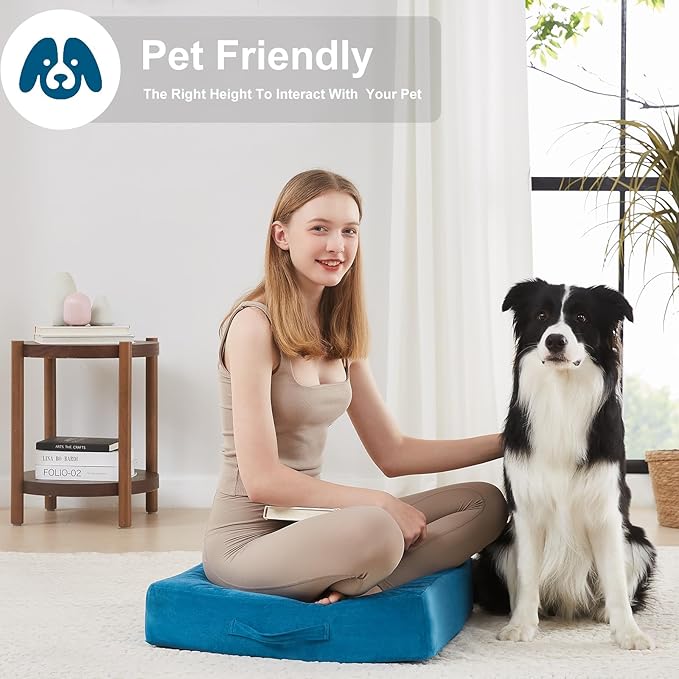 JKMAX 22 inches Floor Pillow for Adults - Large Meditation Cushion with Thick Foam & Soft Tufted Cover - Premium Outdoor Square Floor Cushion Seat - Yoga Pillow for Sitting On Floor - Peacock Blue