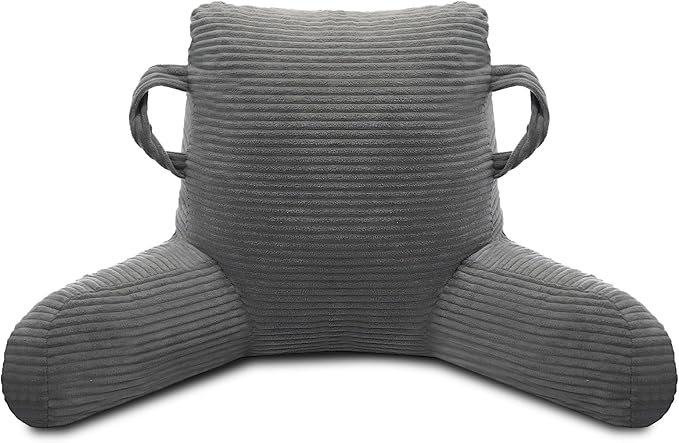 ABROLOY Reading Pillow for Sitting in Bed Adult, Bed Reading Pillow with Shredded Memory Foam, Back Pillow for Sitting with Arms and Pockets, Gery