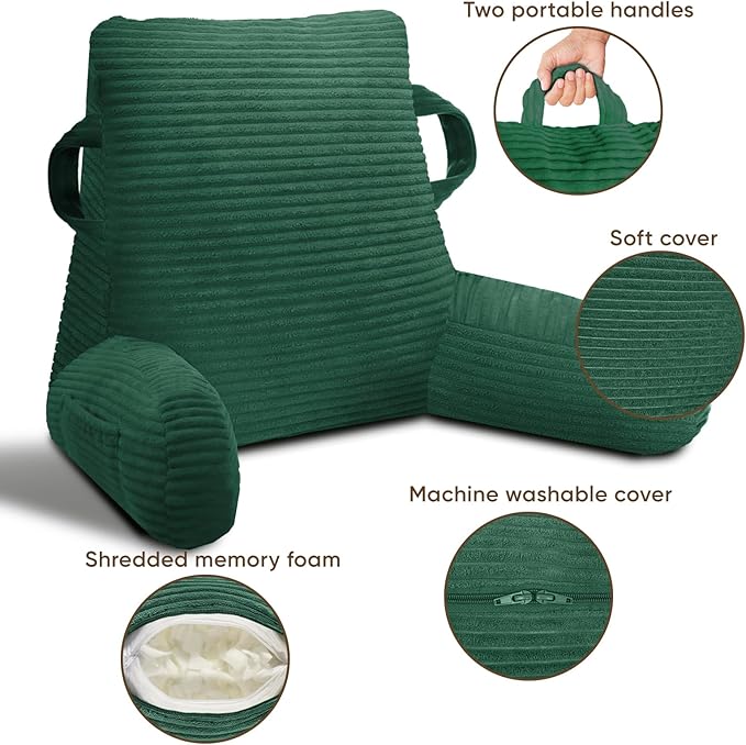 ABROLOY Reading Pillow for Sitting in Bed Adult, Bed Reading Pillow with Shredded Memory Foam, Back Pillow for Sitting with Arms and Pockets, Green
