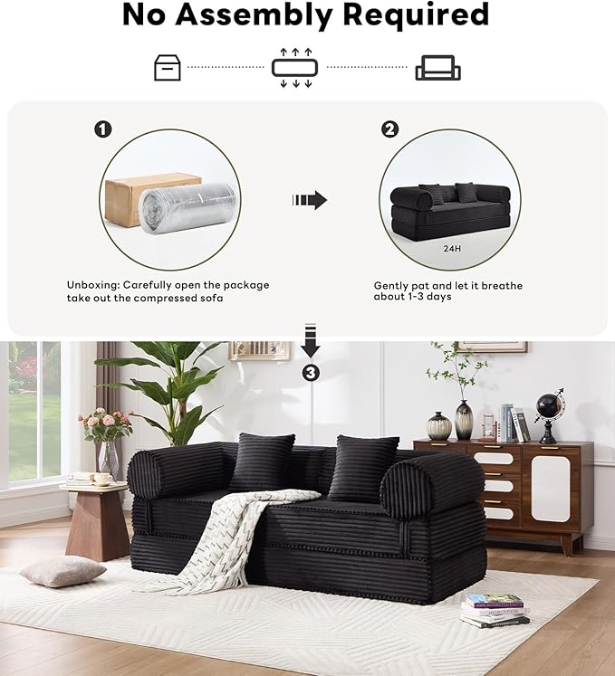 Tbfit 63'' Folding Boneless Couch, Convertible Loveseat Sofa Bed, Corduroy Futon Mattress Sleeper Sofa, Comfy Foldable Upholstered Floor Couches for Living Room, Black