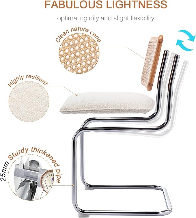 Zesthouse Rattan Dining Chairs Set of 6, Mid Century Modern Dining Room Chairs with Natural Cane Mesh & Chrome Base, White Cesca Chair Boucle Fabric, Farmhouse Kitchen Chair with Solid Wood Frame Back
