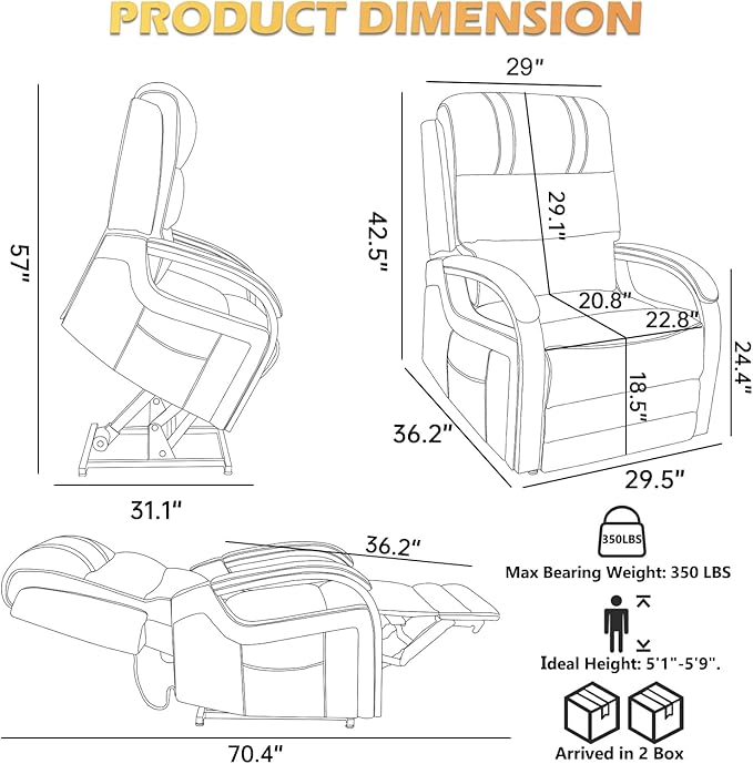 Dual Motor Power Lift Recliner Chair, Lift Chair with Massage and Heat for Elderly, Lay Flat Recliner, Standing Assistance, Infinite Position Reclining, Living Room Chair, Chenille, Brown