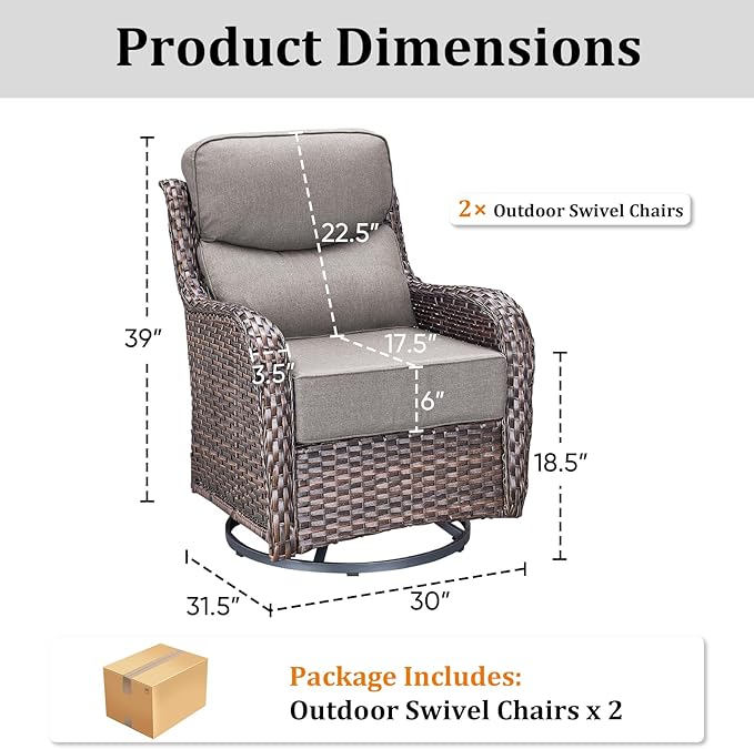 Pugire Luxury Outdoor Swivel Rocker Patio Chairs Set of 2 with 6-Inch Thick Cushions, High Back Swivel Patio Chairs Wicker Outdoor Gliders for Porch, Yard, Deck, Poolside, Brown/Grey