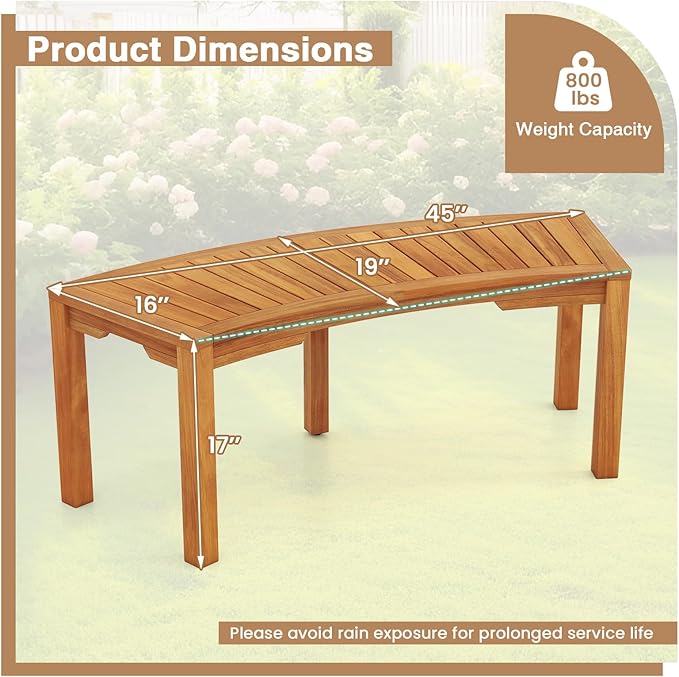 Tangkula Outdoor Curved Bench, Acacia Wood Fire Pit Bench w/Slatted Seat, Patio Backless 2-Person Seating for Porch, Yard, Garden, 800 LBS Max Load, Oil Painted (4, 45")