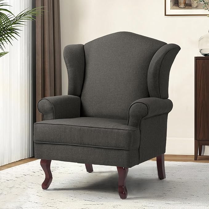 DREAMSIDEA Accent Chair, High Back Upholstered Armchair with High Resilience Sponge & Wood Legs, Mid-Century Modern Comfy Single Sofa Reading Chairs for Living Room, Bedroom (Dark Grey, Set of 1)