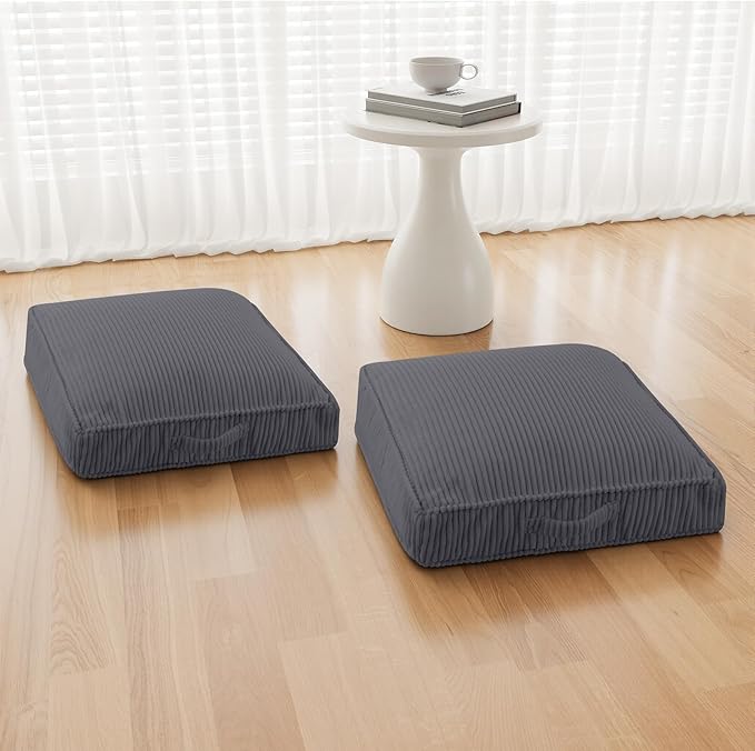 PRIMEPATIO Floor Pillow for Adults Set of 2, 4" Square Floor Cushions with Washable Cover, Large Corduroy Meditation Pillow, 22 inches Tatami Seat with Handle for Living Room or Yoga, Dark Grey