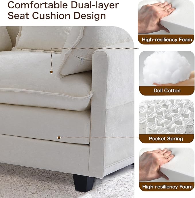 SweetGO corporation 40" Chenille Lounge Chair for Reading, Modern Couch Cozy Sofa Bed, Upholstered Living Room Single Sofa Accent Chair with Ottoman Set of 2, Beige