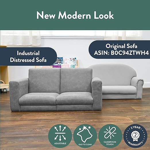 Children's Factory As We Grow Modern Kids Sofa, Flexible Seating for Classroom Elementary, Adjustible Kids Couch for Playrooms and Daycares, Faux Distressed Leather Gray