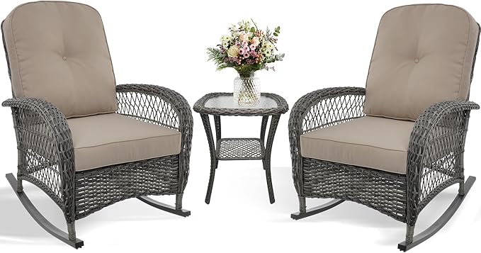Sgentle Wicker Rocking Chair Set of 2, 3-Piece Outdoor Patio Rocker Chair with Cushions & Steel Frame, All-Weather Outdoor Rattan Rocking Chair for Lawn Porch Garden (Brown, Style 3)