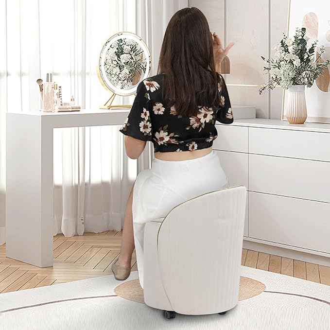 Round Storage Ottoman, Upholstered Velvet Vanity Stool with Lumbar Support, Swivel Rolling Wheels, Small Foot Stools Coffee Table Padded Seat for Makeup Room, Living Room, Bedroom Beige