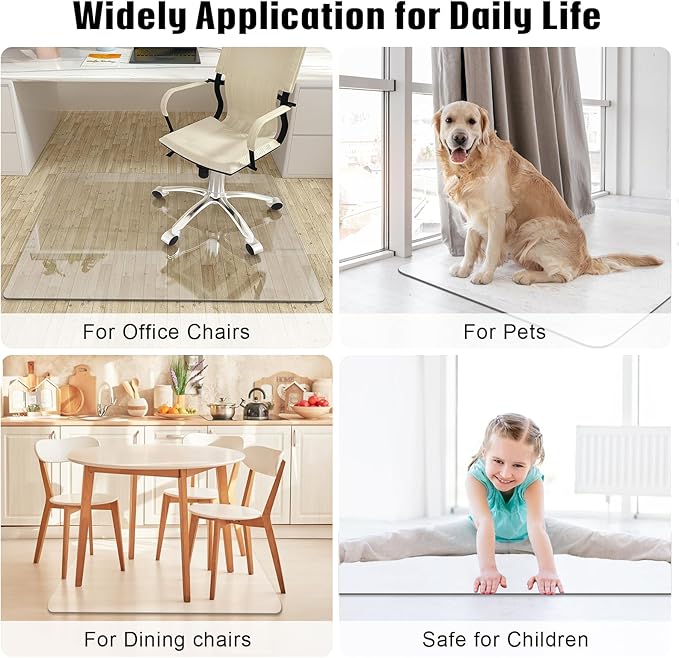 55"x46" Tempered Glass Chair Mat, Heavy Duty Glass Office Floor Mat for Carpet or Hardwood Floors, with Non-Slip Pads, Round Corner and Polished Edge, Effortless Rolling, Thick 1/5"
