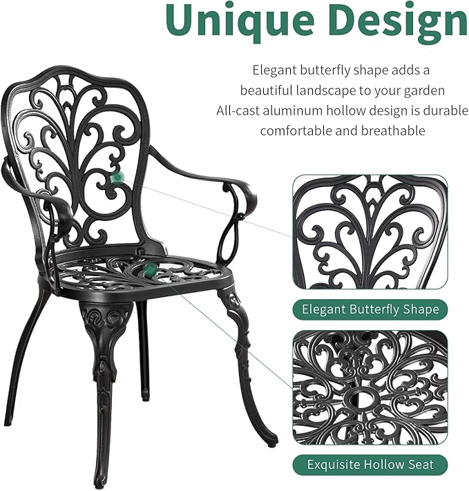 Withniture Bistro Set 3 Piece Outdoor, Cast Aluminum Patio Bistro Sets, Bistro Table and Chairs Set with Umbrella Hole, Black Bistro Table Set for Garden Porch Balcony (Butterfly Black)