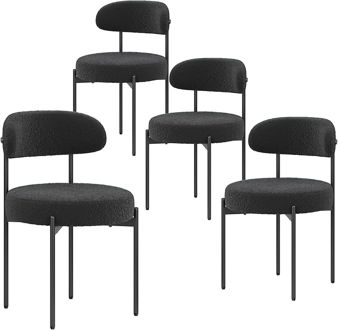 Farini Dining Chairs Set of 4,Mid-Century Modern Kitchen Chair Curved Backrest Round Upholstered Sherpa Dining Chairs with Metal Legs,Black
