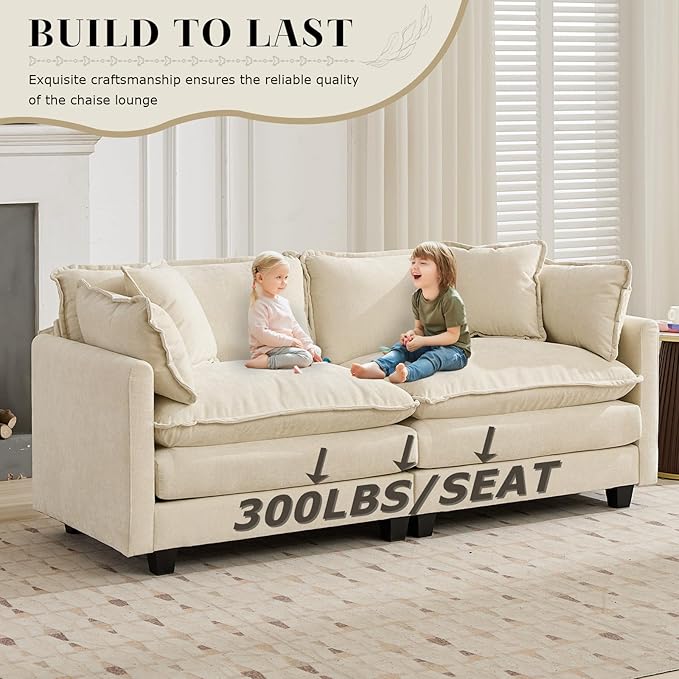 SoarFlash 77.95" Chenille Sectional Sofa, Comfy L Shaped Modular Coush Sofa with Ottoman, Modern 2 Seat Couch Deep Seat Sofa Set for Living Room,Beige