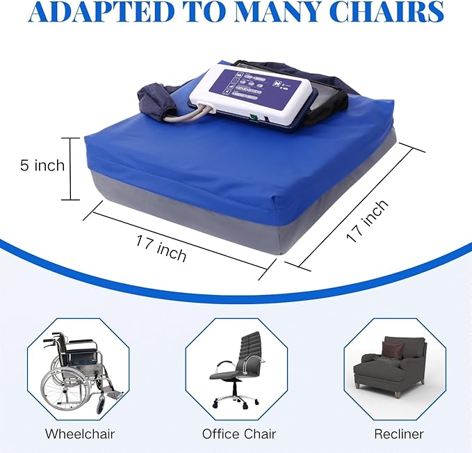 Alternating Pressure Cushion for Wheelchair, Waterproof Pneumatic Air Cell Cushion for Pressure Sores Relief, Relief Pressure Seat Pad with 12 Hour Air Pump