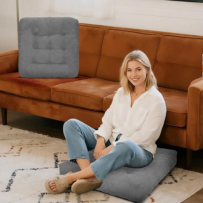 Meditation Floor Pillow Set of 2, Square Large Pillows Seating for Adults, Tufted Corduroy Cushion for Tatami Living Room, 22x22 Inch FP-Grey