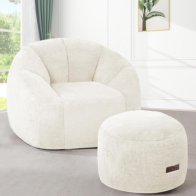 HABUTWAY Bean Bag Chair, Oversized Shell-Shaped Bean Bag Couch with Ottoman, Giant Beanbag Chair for Adults and Kids, Comfy Bean Bag Sofa & Footstool, Large Floor Sofa for Living Room Bedroom, Beige
