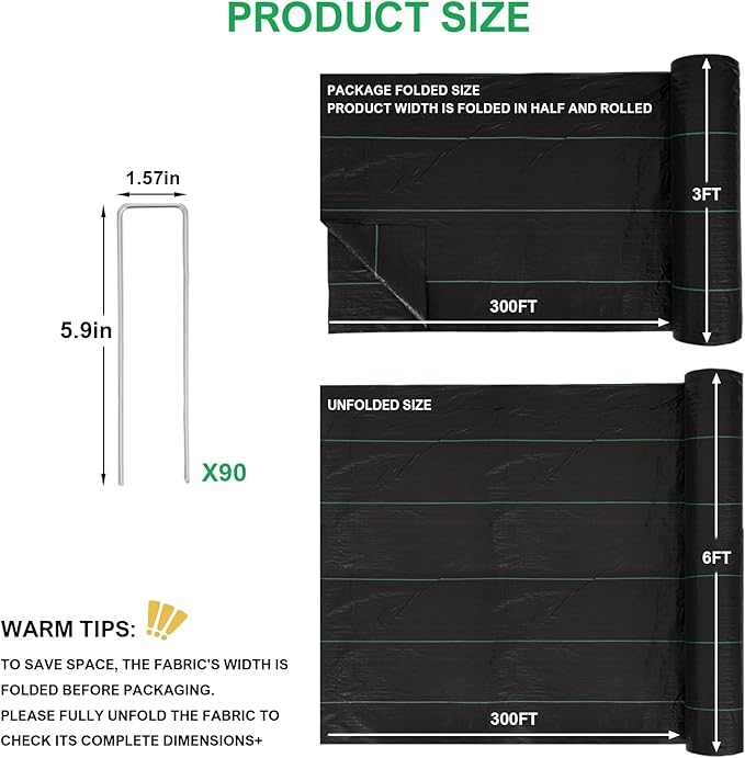 BIRDSINYARD 6ftx300ft Weed Barrier Landscape Fabric - 3.2oz Premium Heavy Duty Weed Block Ground Cover Mat with 90 U-Shaped Securing Pegs | Woven Geotextile Fabric for Weed Control Garden Cloth