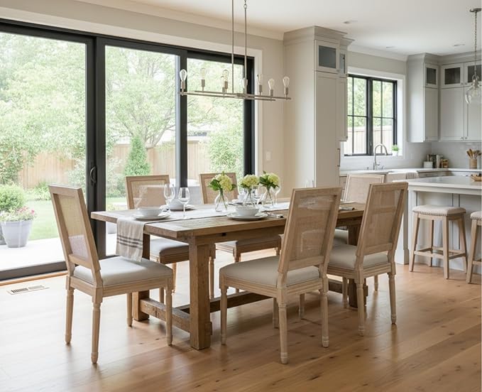 CIMOTA Farmhouse Dining Chairs Set of 2, French Rattan Dining Room Chairs with Rectangle Back/Distressed Wood Upholstered Vintage Side Chairs for Kitchen/Restaurant, Beige/2PCS