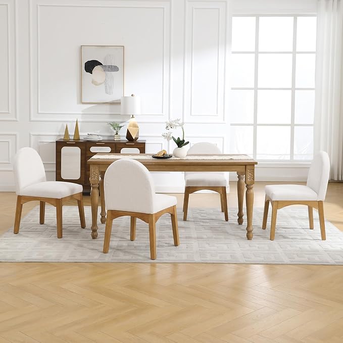 HNY Mid Century Modern Dining Chairs Set of 4, Linen Fabric Upholstered Dining Room Chairs Armless Kitchen Chairs with Solid Rubberwood Legs, Accent Side Chairs for Living Room, Beige