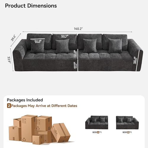 140''Modular Sectional Couches for Living Room, Cloud Boneless Compressed Sectional Sofa, Oversized 4 Seater Upholstered Memory Foam Sofa, No Assembly, Chenille Grey