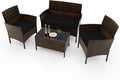 RELAX4LIFE 4-Piece Patio Furniture Set - Rattan Outdoor Conversation Bistro Set w/Cushions, Glass Coffee Table, Wicker Chairs & Loveseat for Garden Backyard Porch, Balcony Furniture Set (1, Black)