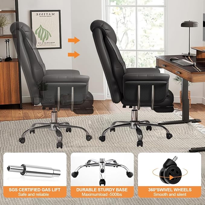 BTFYOU Big and Tall Office Chair with Armrests Executive Chair with Footrest and Spring Lumbar Support High Back Leather Ergonomic Chair Adjustable Height Tilt Lock for Business