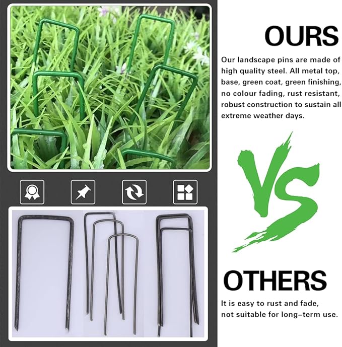 Bakulyor 200Pcs Green Landscape Staples 6 Inch Garden Artificial Turf Stakes Staples, 11 Gauge Lawn Galvanized Ground Fabric Pins for Weed Barrier Sod Decorations Holding Fence and Irrigation Tubing