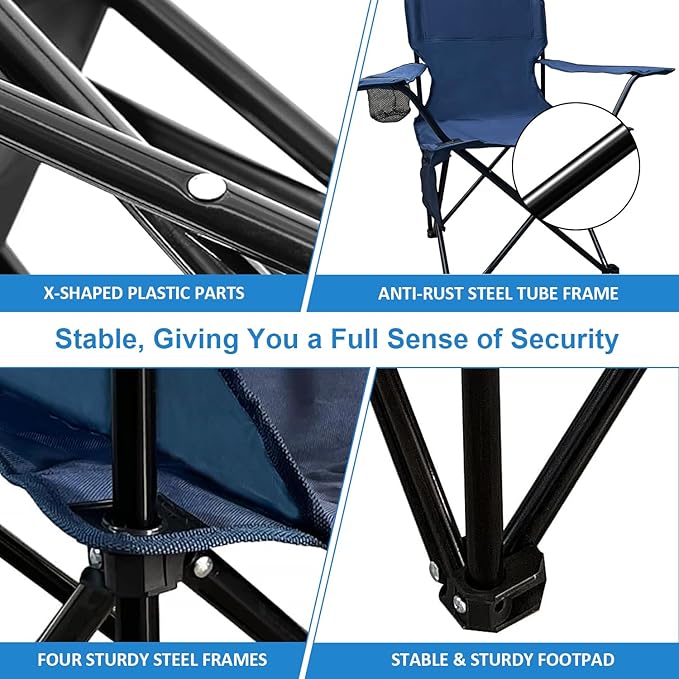 SAILARY Folding Camping Chair with Cup Holder and Cooler Bag, 225lbs Capacity, Upgraded Portable Foldable Chair with Heavy Duty Steel Frame for Outdoor, Beach, Fishing, Backpacking, Navy Blue 2PCS